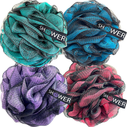 Loofah-Charcoal Bath-Sponge Xl-Color-4-Pack // Extra Large 75G Soft Mesh Black Luffa Loofa Loufa Puff Set/Exfoliating Body Scrubber for Women and Men - Exfoliate & Soothe Face & Body
